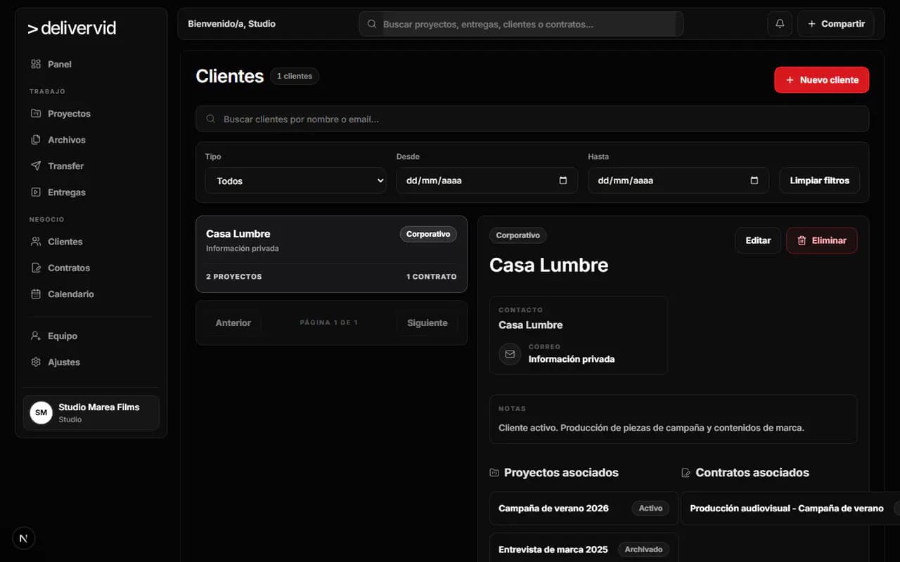 Cliente Casa Lumbre activo en Delivervid con sus dos proyectos y el contrato de la campaña.